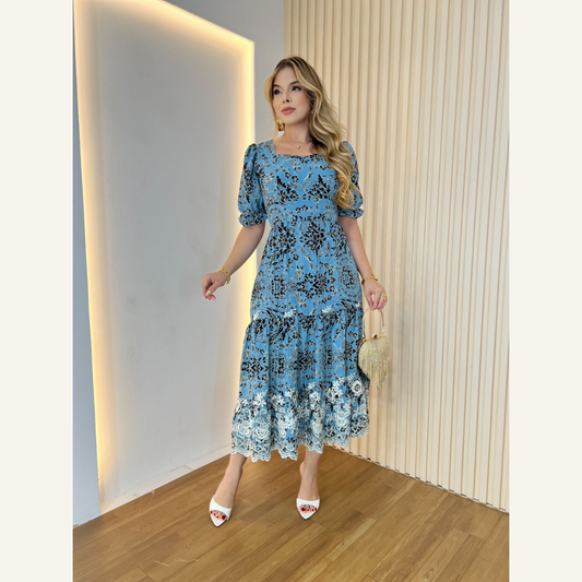 Vestido Longo Viscolinho Bordado