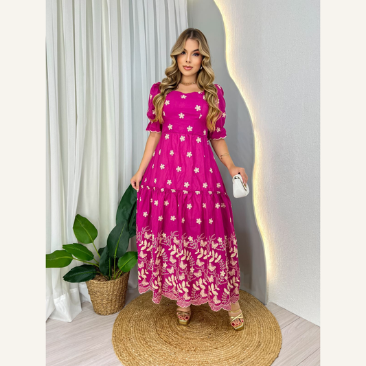 Vestido Longo Crepe Bordado